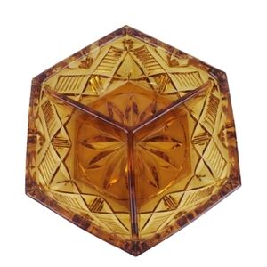 Vintage Amber Cut Glass Divided Dish Bow Candy Nuts Dining Decor